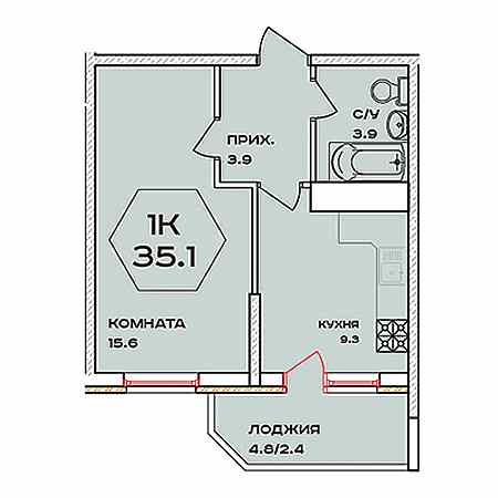 1 комнатная 35.1м²