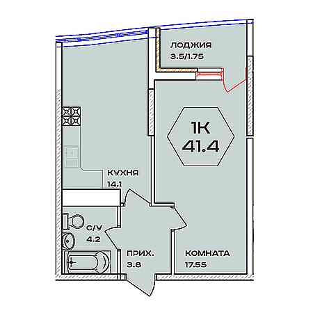 1 комнатная 41.4м²