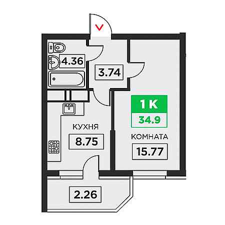 1 комнатная 34.9м²