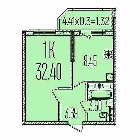 1 комнатная 32.4м²