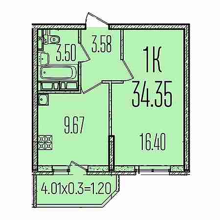 1 комнатная 34.35м²