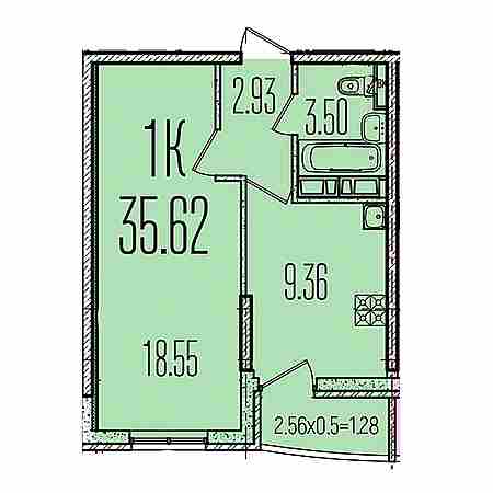 1 комнатная 35.62м²