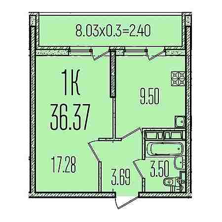 1 комнатная 36.37м²