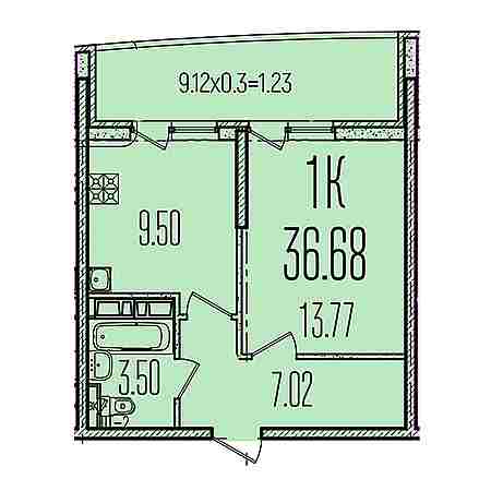 1 комнатная 36.68м²