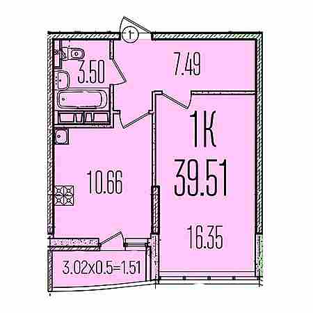 1 комнатная 39.51м²