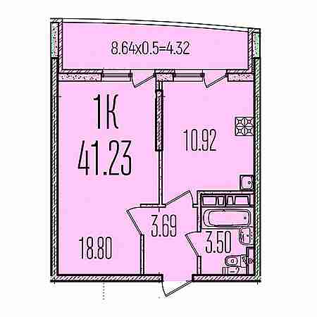 1 комнатная 41.23м²