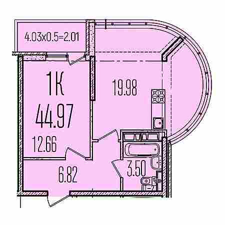 1 комнатная 44.97м²