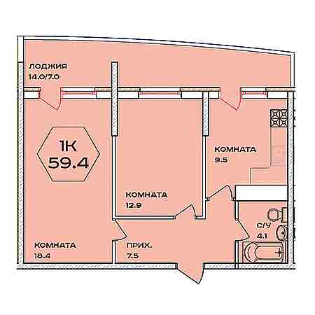 2 комнатная 59.4м²