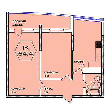 2 комнатная 64.4м²