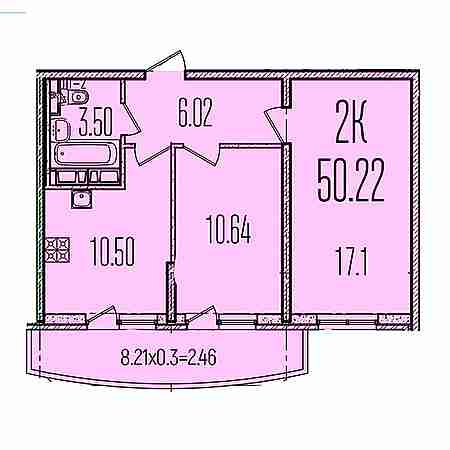 2 комнатная 50.22м²