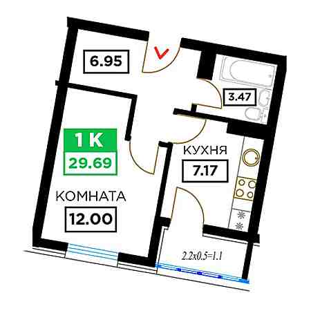 1 комнатная 29.69м²