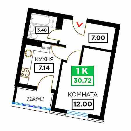 1 комнатная 30.72м²