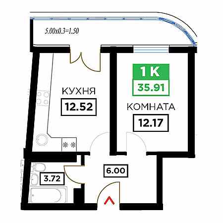 1 комнатная 35.91м²