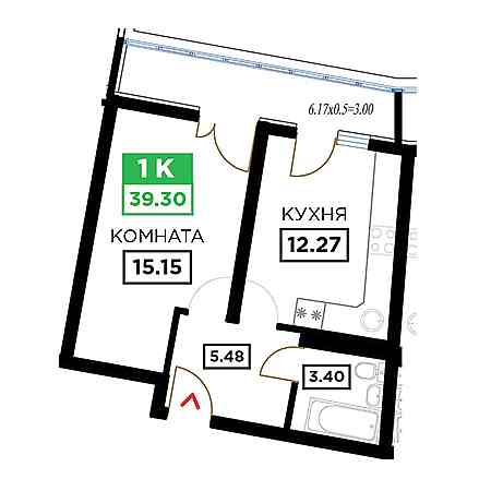 1 комнатная 39.3м²