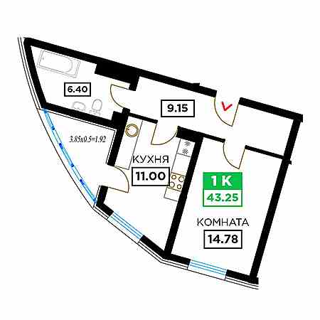 1 комнатная 43.25м²