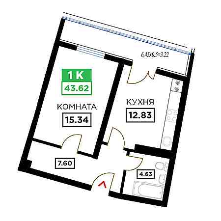 1 комнатная 43.62м²