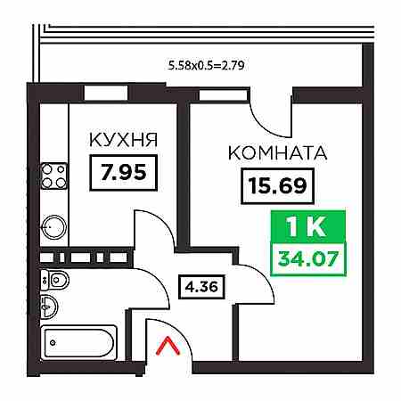 1 комнатная 34.07м²