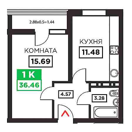 1 комнатная 36.46м²