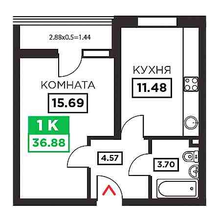 1 комнатная 36.88м²