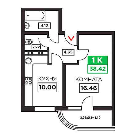 1 комнатная 38.42м²