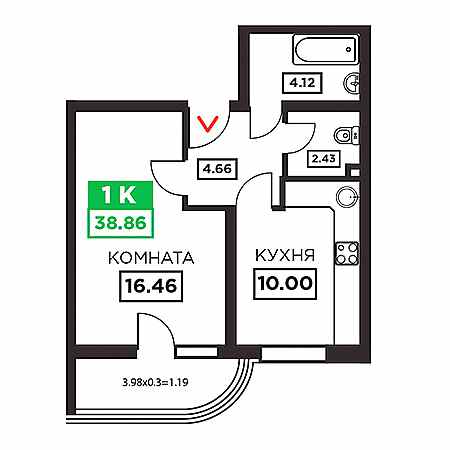 1 комнатная 38.86м²