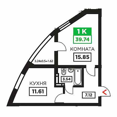 1 комнатная 39.74м²