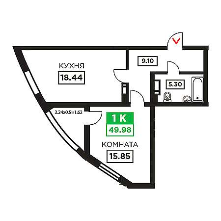 1 комнатная 49.98м²