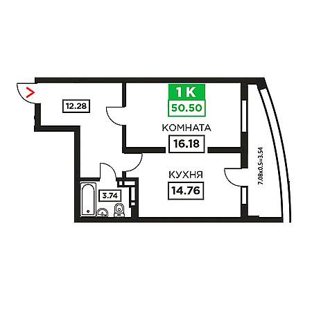 1 комнатная 50.5м²