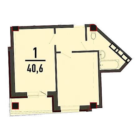 1 комнатная 40.6м²