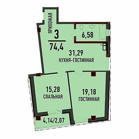 3 комнатная 74.4м²