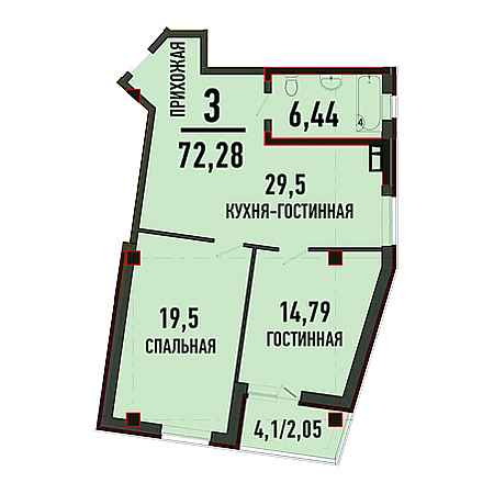 3 комнатная 72.28м²