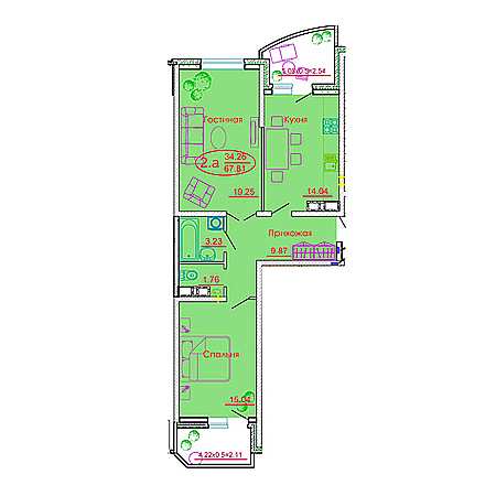 2 комнатная 67.81м²