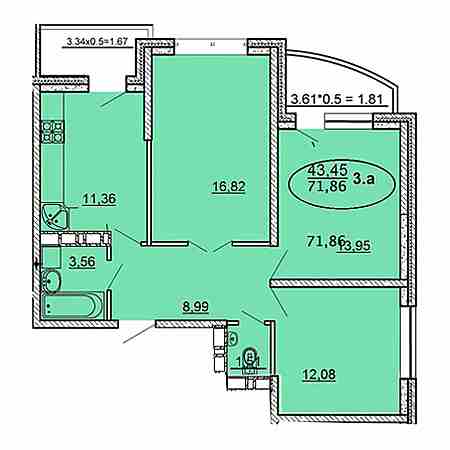 3 комнатная 71.86м²