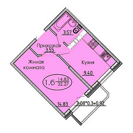 1 комнатная 32.27м²