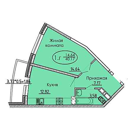 1 комнатная 40.17м²