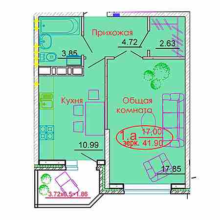 1 комнатная 41.9м²