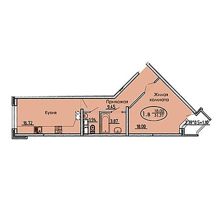 1 комнатная 51.37м²