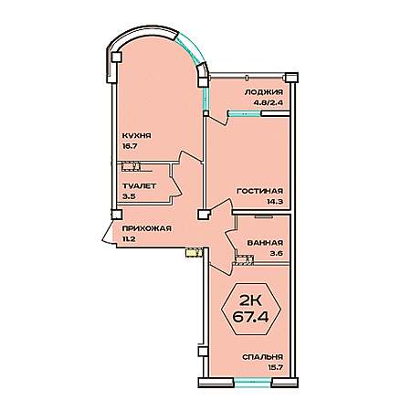 2 комнатная 67.4м²