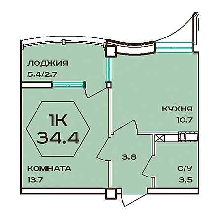 1 комнатная 34.4м²