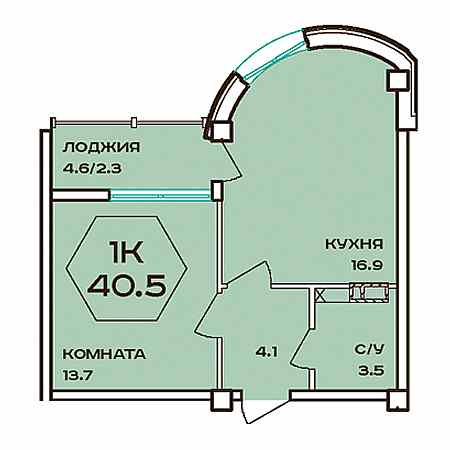 1 комнатная 40.5м²