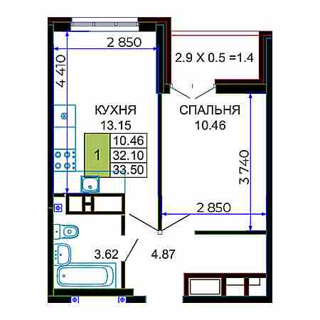 1 комнатная 33.5м²