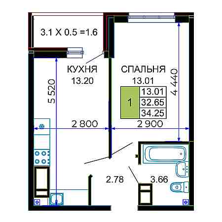 1 комнатная 34.25м²