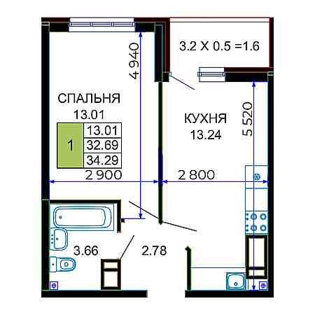 1 комнатная 34.29м²