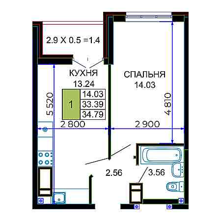 1 комнатная 34.79м²