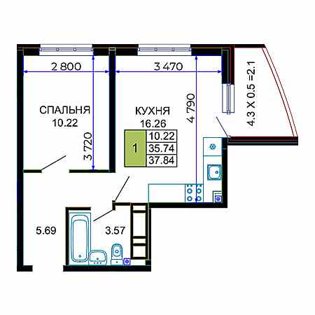 1 комнатная 37.84м²