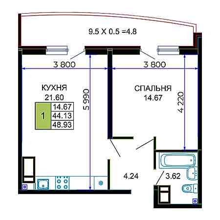 1 комнатная 48.93м²