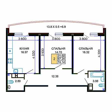 2 комнатная 74.14м²