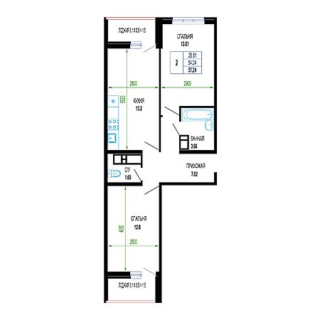 2 комнатная 57.24м²