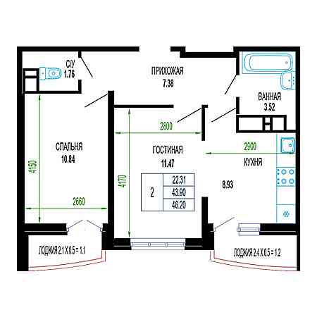 2 комнатная 46.2м²