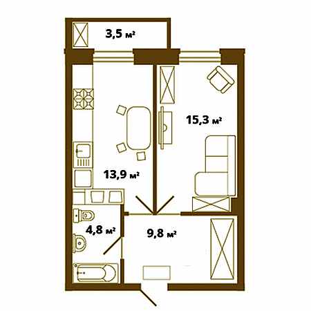 1 комнатная 40.9м²